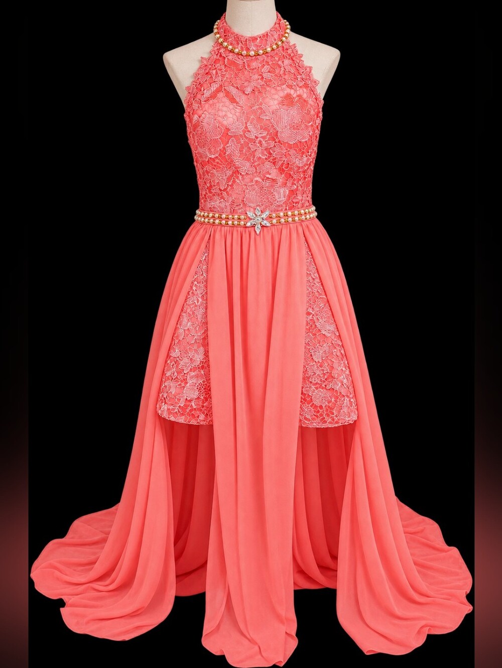 Coral Lace Mini Prom Dress Size 16 Chiffon Overskirt Train NWOT